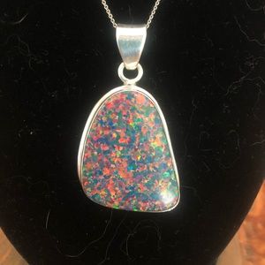 Huge Fiery Sterling Silver Created-Opal Pendant